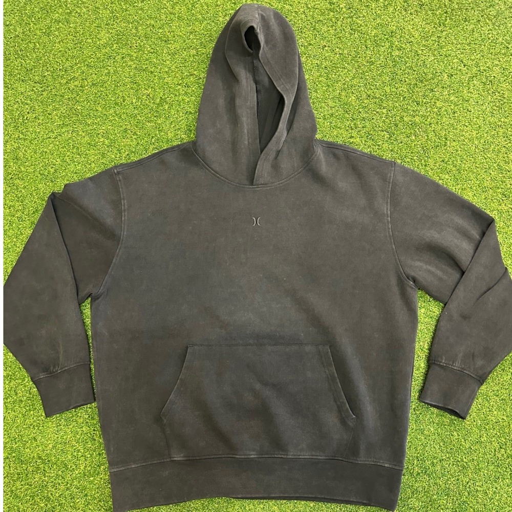Hurley Mens Faded Black Pullover Hoodie Embroidered Logo Fleece Sweatshirt L